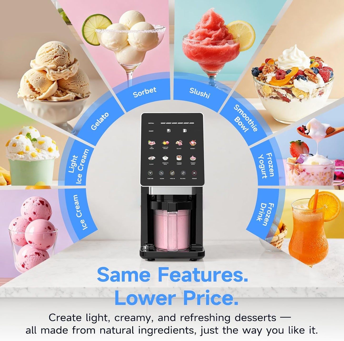 Skiennix Ice Cream Maker - 10-in-1 Frozen Treat Machine for Gelato, Sorbet & Smoothie Bowls | 20 oz Capacity