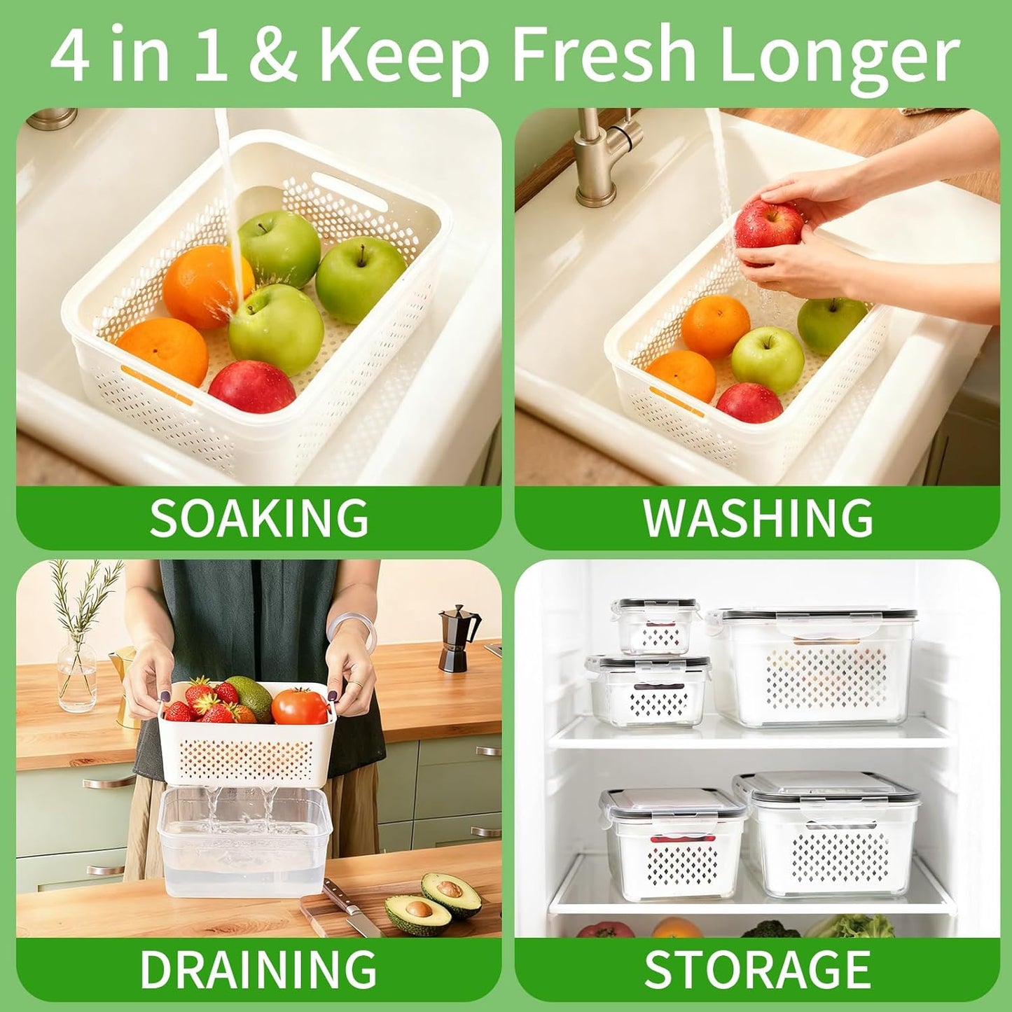 PRAKI 5-Pack Large Fruit Storage Containers - BPA-Free Fridge Organizers with Removable Colander