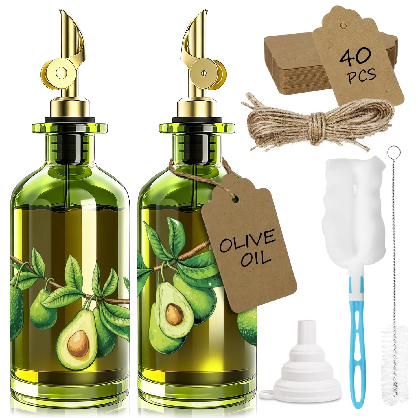 EJGIEGSO Olive Oil Dispenser Bottle for Kitchen, 12oz/350ml Extra Thick Glass Oil and Vinegar Cruet with Stainless Steel Pourer, Funnel & Cleaning Brush, Premium Oil Dispenser Set (Avocado)