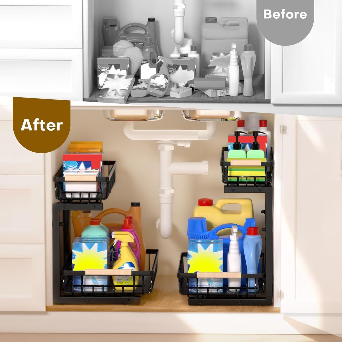 Under Sink Organizer | Heavy-Duty Carbon Steel, Rust-Resistant, 2-Tier Pull-Out Storage, Adjustable Height (13.8" - 16.9"), Black (2PCS)