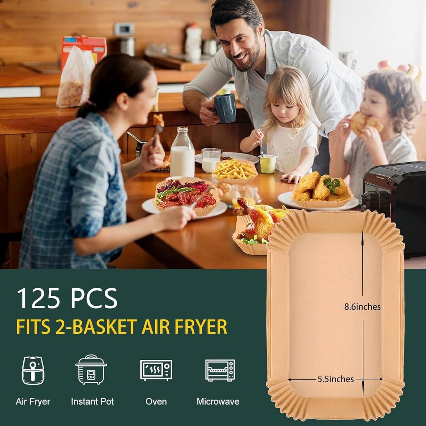 Air Fryer Disposable Paper Liners for Ninja Dual Airfryer Accessories, Non-Stick Parchment Rectangular for Baking, Oil Proof, Water Proof, for Microwave Oven (125PCS, 8.6in x 5.5in）