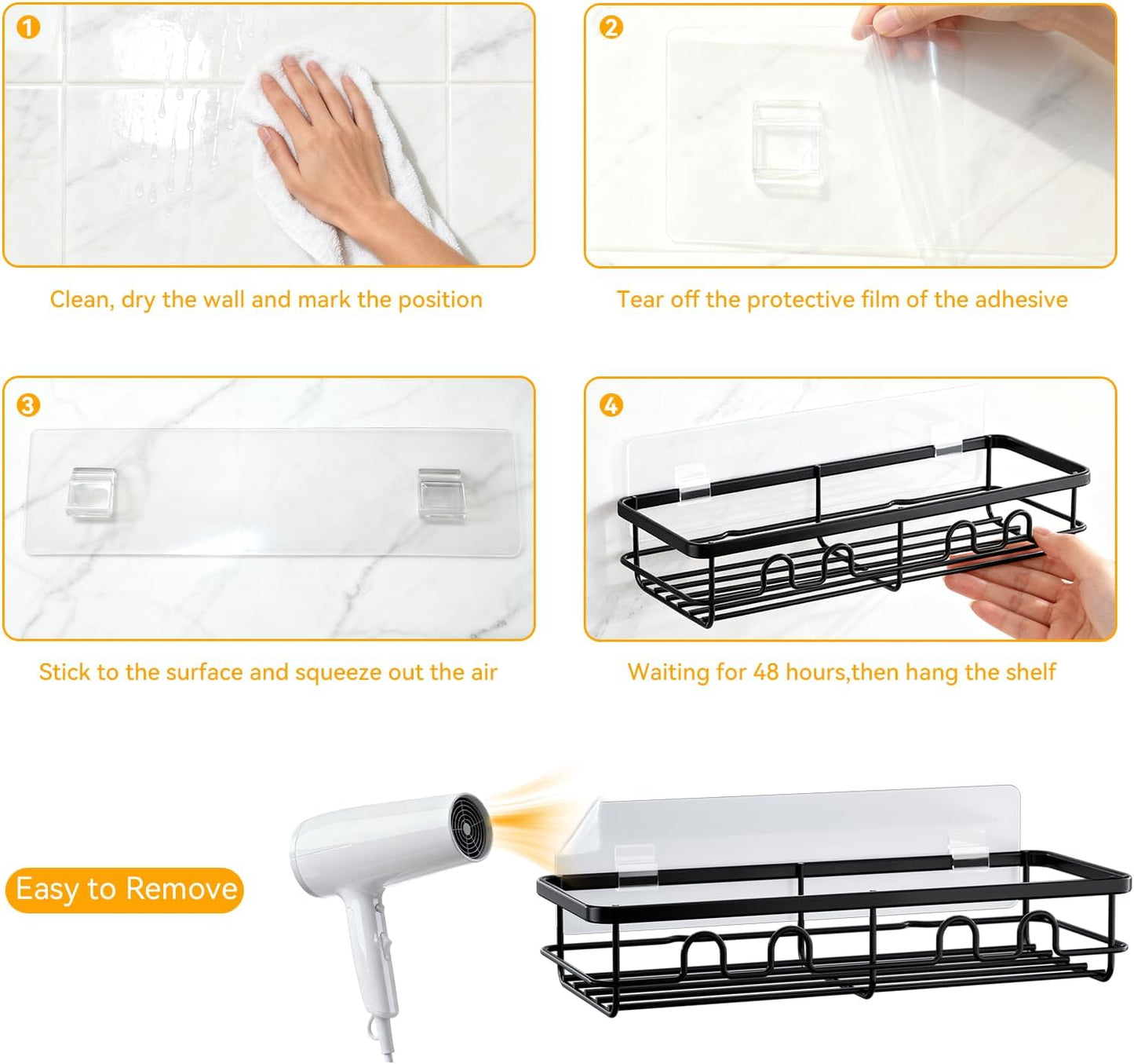 Skiennix Adhesive Shower Caddy - Large Capacity No Drill Bathroom Organizer | 2 Pack Black Shelves