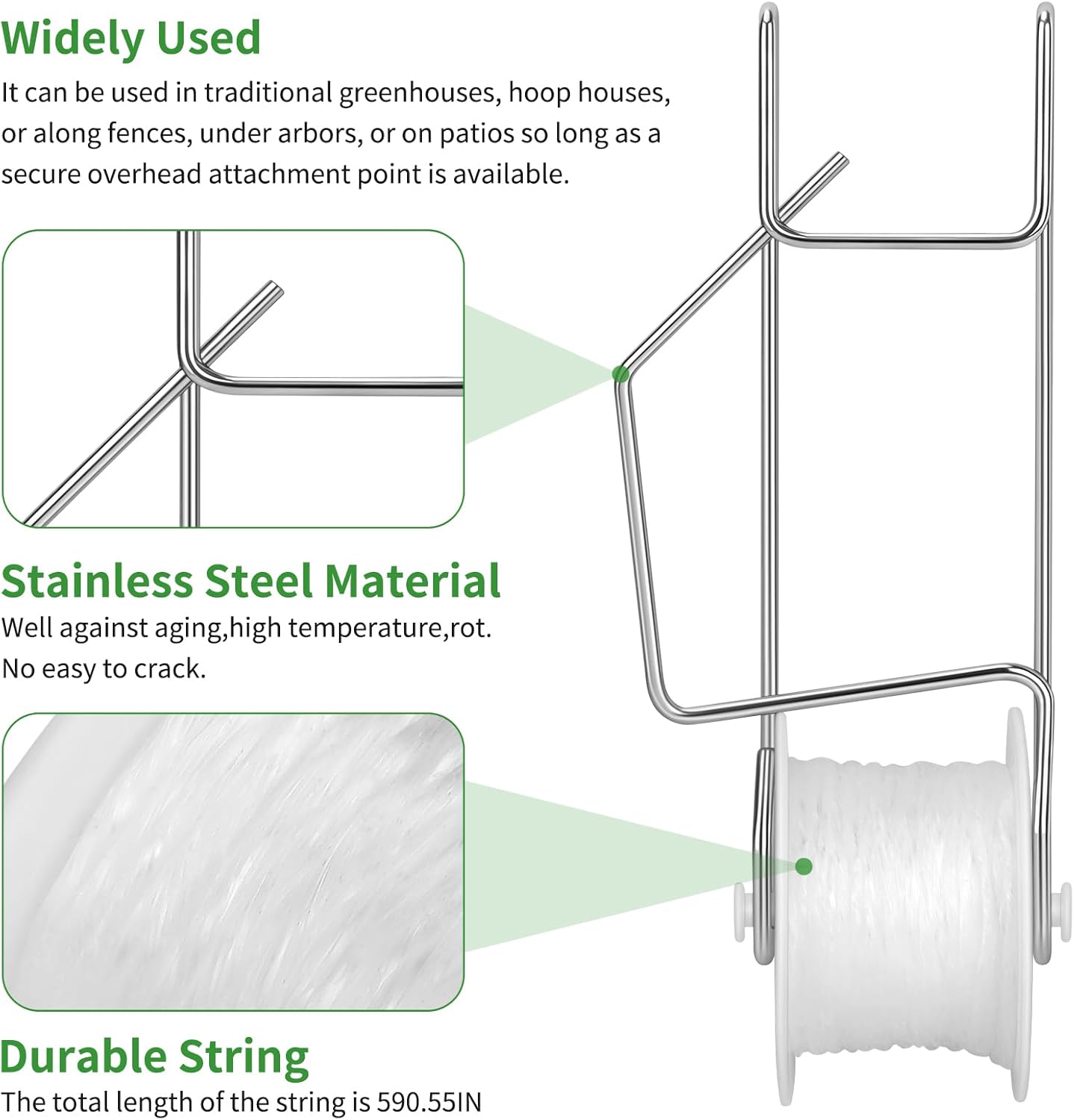 Skiennix Tomato Roller Hooks - 10 Pack with 49.2FT String for Greenhouse & Plant Support