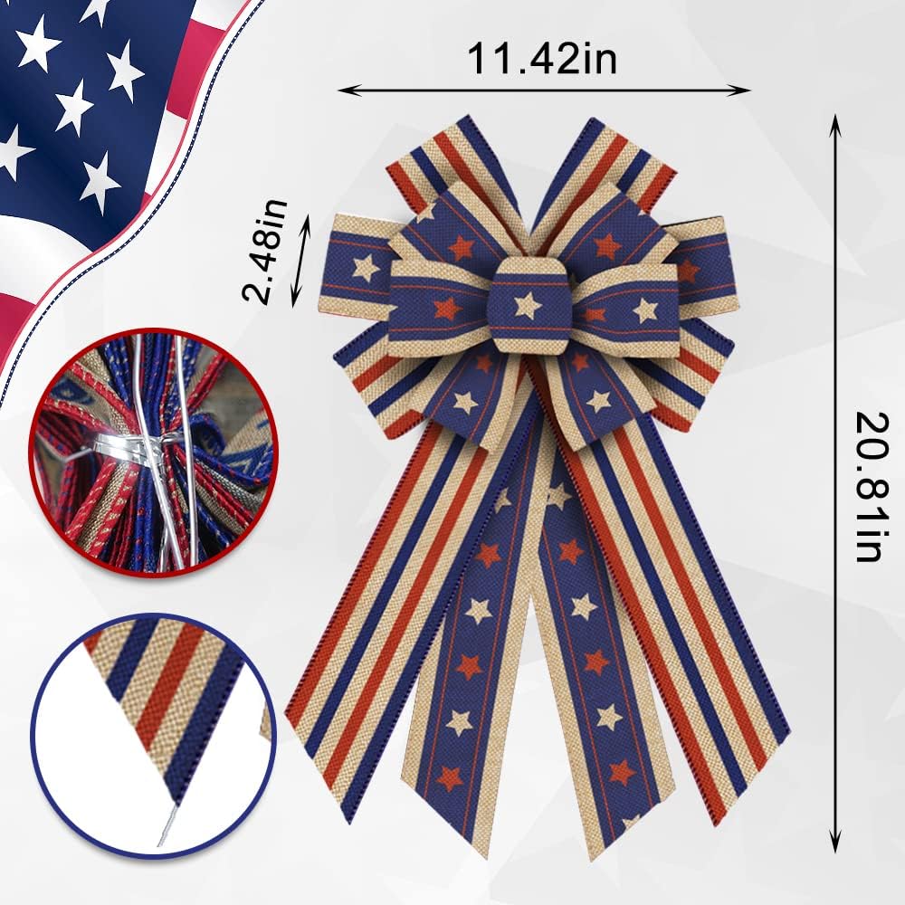 Skiennix Patriotic Wreath Bows - July 4th American Flag Burlap Decor for Indoor/Outdoor Use