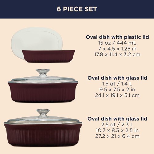 CorningWare Ceramic Bakeware Set - Chip & Crack Resistant Stoneware, 6-Piece French Cabernet