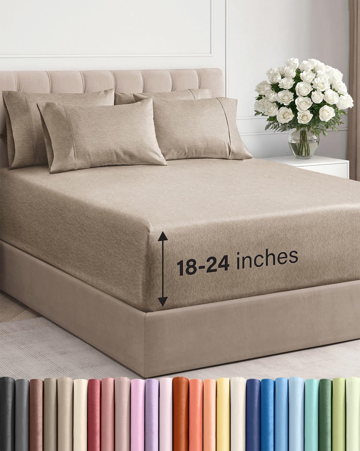 Skiennix Extra Deep King Sheet Set - 6 Piece Breathable Cooling Bedding - Soft Wrinkle-Free Heathered Beige