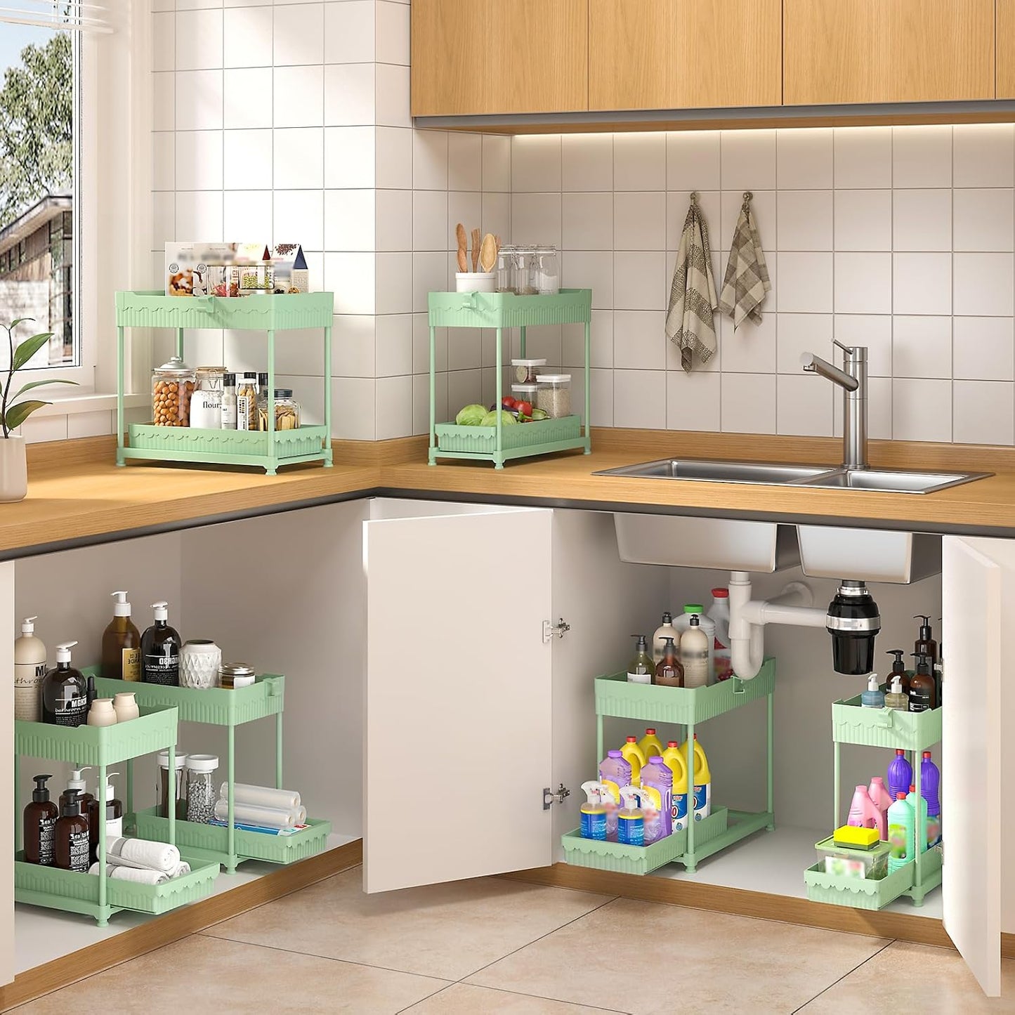 Sevenblue 3-Pack Under Sink Organizers - 2-Tier Kitchen & Bathroom Storage with Sliding Drawers | Green, 14.8 Inch