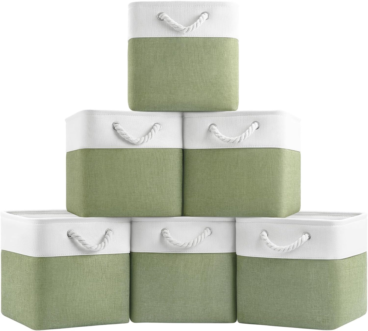 Patvingot 11-Inch Cube Storage Bins - 6 Pack Fabric Organizer Baskets with Rope Handles | White/Green