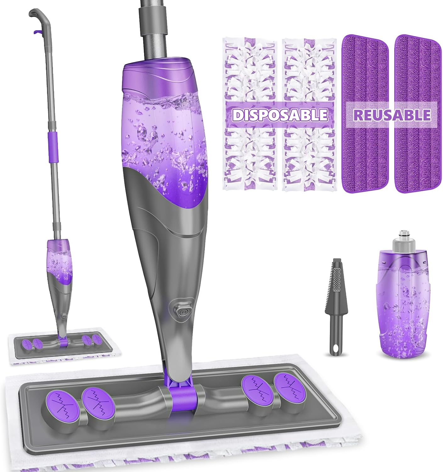 Skiennix Spray Mop for Floor Cleaning - Wet & Dry with 2 Washable + 2 Disposable Pads | Refillable Bottle for Hardwood & Tile Homes - Effectively Absorbs Pet Hair & Dust