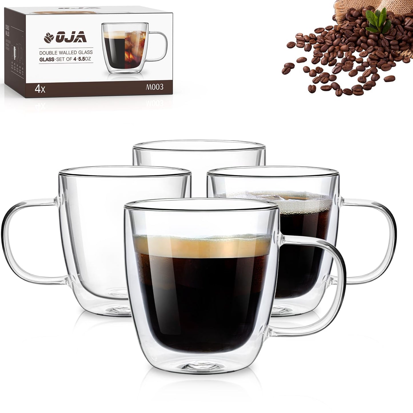 Potdoctor Double Walled Espresso Cups Set of 4, Hand Blown 5.5OZ Espresso Shots Glass, Coffee Mugs with Handle Perfect for Latte, Cappuccino, Tea