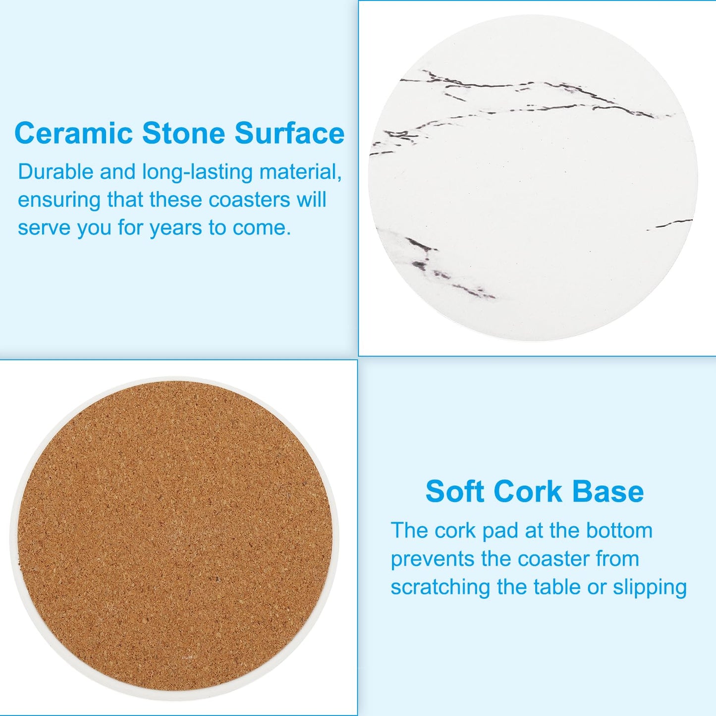 PATIKIL Ceramic Stone Coasters, 6pcs Cork Base Absorbent Cup Coasters Set Marble Coasters with Holder for Drinks in Kitchen Home, White