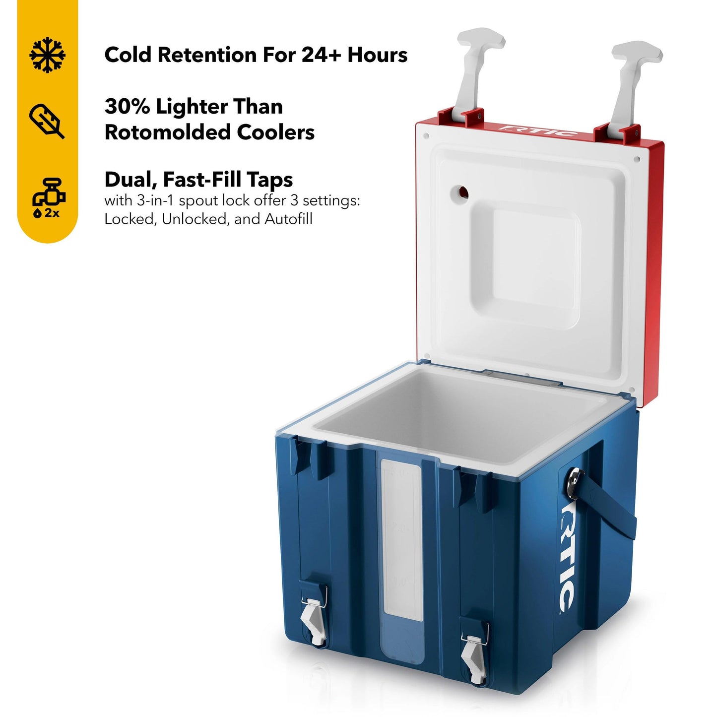 RTIC Halftime Water Cooler Portable Carrier Container, Drink Beverage Dispenser, Stackable with 2 Taps, Bottleless, BPA-Free, for Sports, Camping, BBQ, Parties, Picnic, & More, Patriot