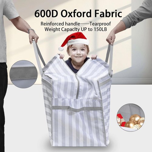 Christmas Tree Bag - 9 Ft Heavy Duty Storage Solution | Reusable 600D Oxford Cloth with Double Mesh Pockets (Gray-White Stripes)