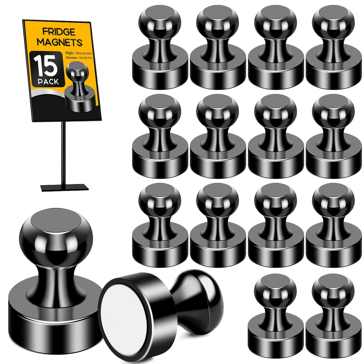MIKEDE Fridge Magnets for Whiteboard, 15Pcs Strong Magnets for Whiteboard, Black Refrigerator Magnets Neodymium Push Pins for Office, Magnets, at School, Classroom, Kitchen