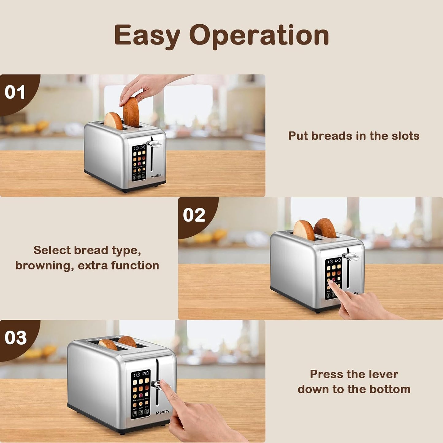 Mecity 2-Slice Stainless Steel Toaster - Touch Screen, 1.5" Wide Slots, Timer & Defrost Function