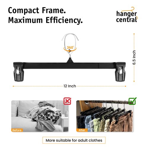 Hanger Central 30 Pack Pants Hangers – 12 Inch Slim Plastic Clothes Hangers with Clips for Skirts, Shorts & Trousers – Non Slip Grip, Heavy Duty Space Saver with Swivel Hook – Black Closet Organizer