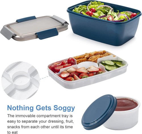 Freshmage Large Salad Container - 68oz Bowls with 5 Compartments for Lunch | Pink & Blue (2-Pack)
