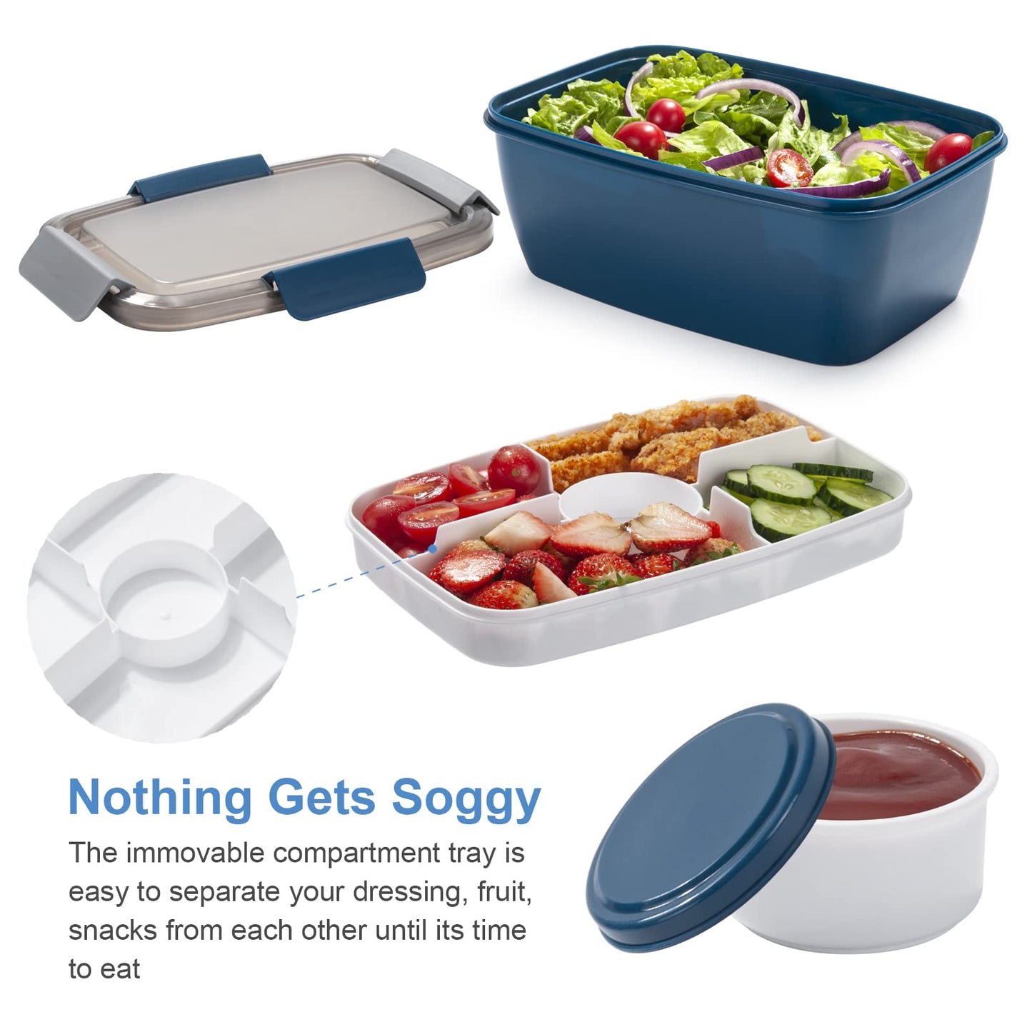 Freshmage Large Salad Container for Lunch, 2 Packs 68oz Salad Bowls with 5 Compartments, Salad Dressings Container for Salad Toppings, Snacks, Men, Women (Pink+Blue)