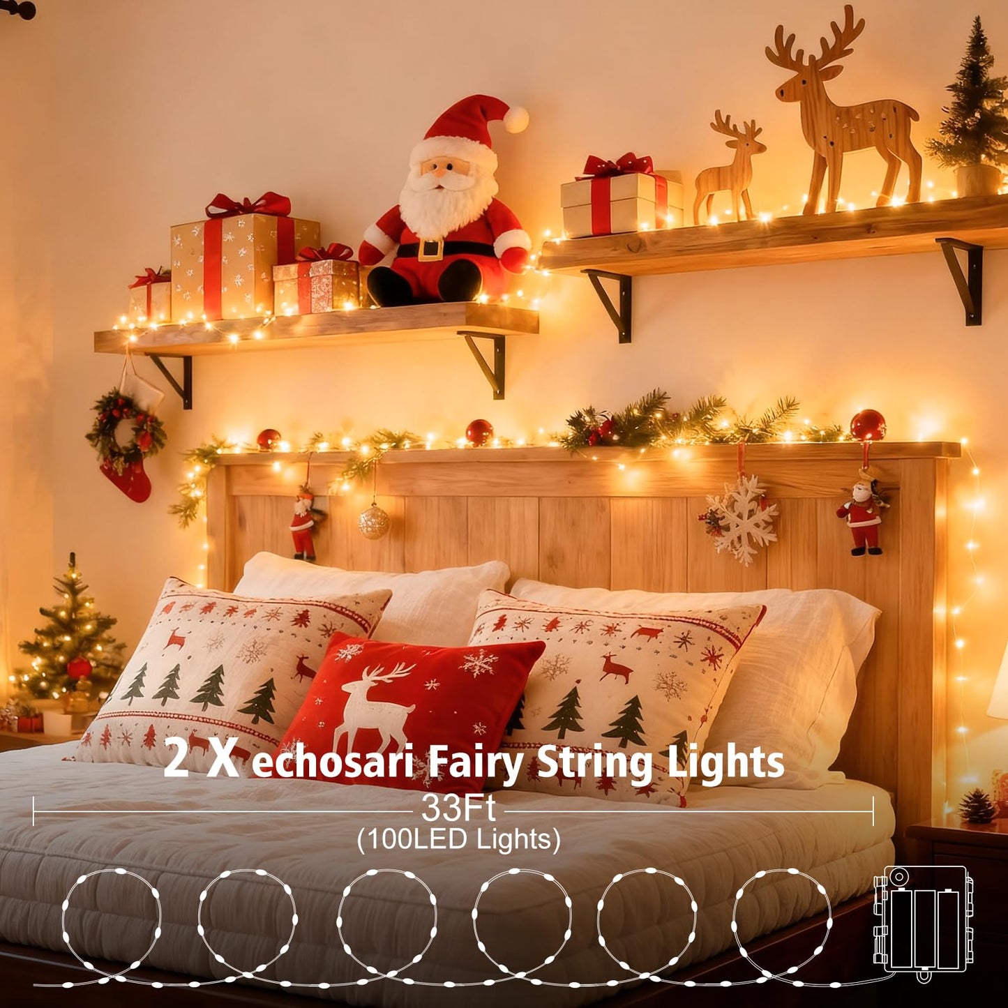 2 Pack Fairy Lights Battery Operated, 200 LED 66Ft Silver Wire Twinkle String Light 8 Modes Auto Timer Mini Christmas Fairy Lights for Bedroom Wedding Decor (Warm White)