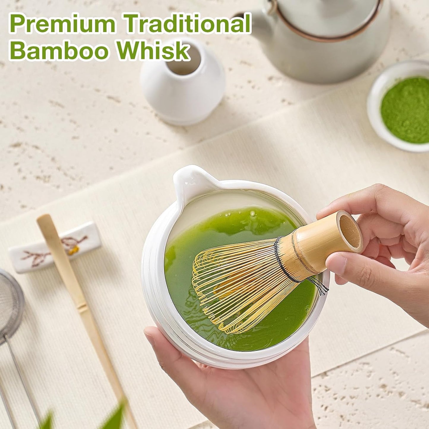Matcha Whisk Set - Japanese Tea Set (5pcs) with Bowl, Bamboo Whisk, Scoop & Sifter