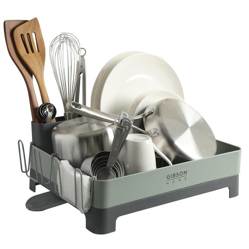 Gibson Home Nestcraft Full-Size Dish Rack - Rust Resistant with Drain Board & Flatware Caddy | Green