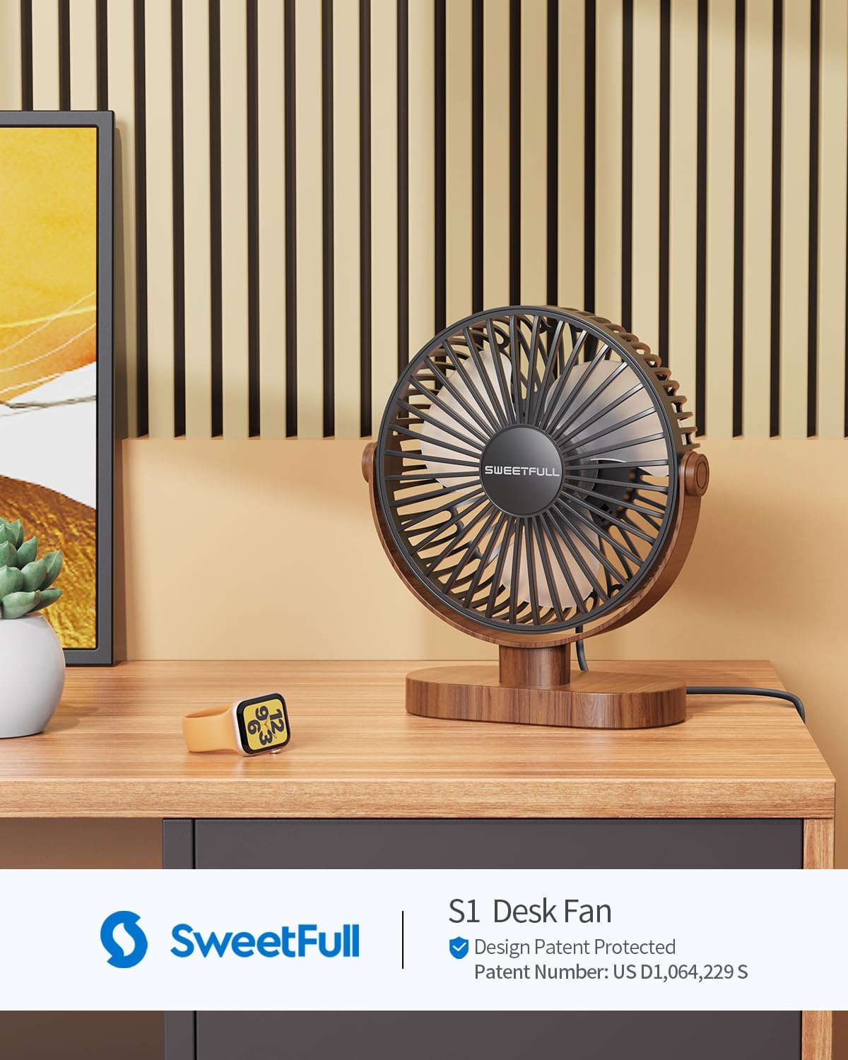Sweetfull USB Small Desk Fan - 3-Speed Quiet Portable Mini Fan | 360° Adjustable for Home, Office & Travel - Black Wood Grain
