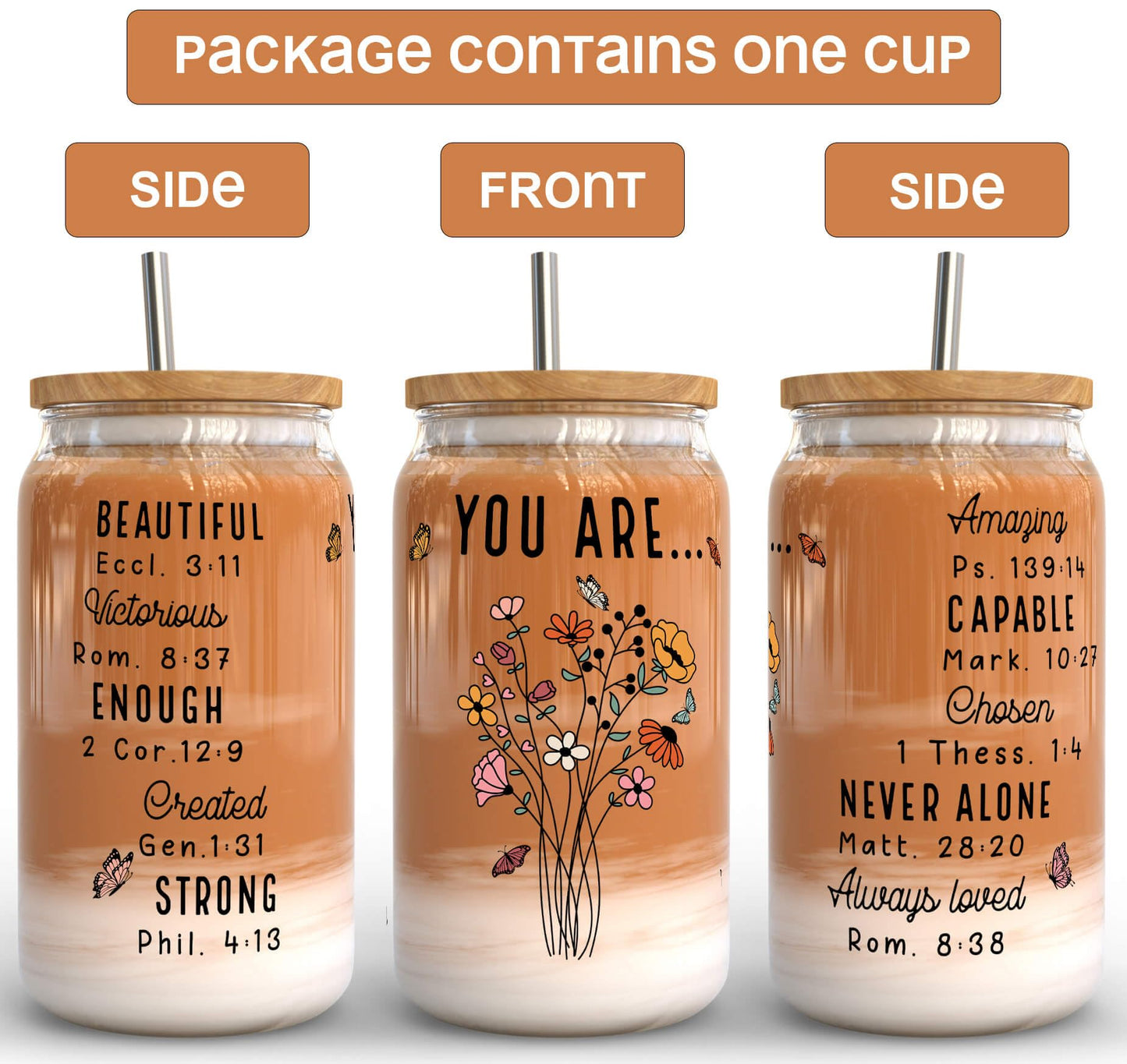 Fancyfams 16 oz Glass Drinking Cup with Bamboo Lid, and Straw, Women of the Bible Drink Cup, Christian, Religious, Mothers Day, Birthday Gifts for Women, Affirmation, Jesus Coffee Jar (You Are)