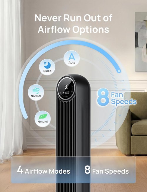 DREO Bladeless Tower Fan - Ultra Quiet 20dB, 8 Speeds, 90° Oscillation, Remote Control - Black