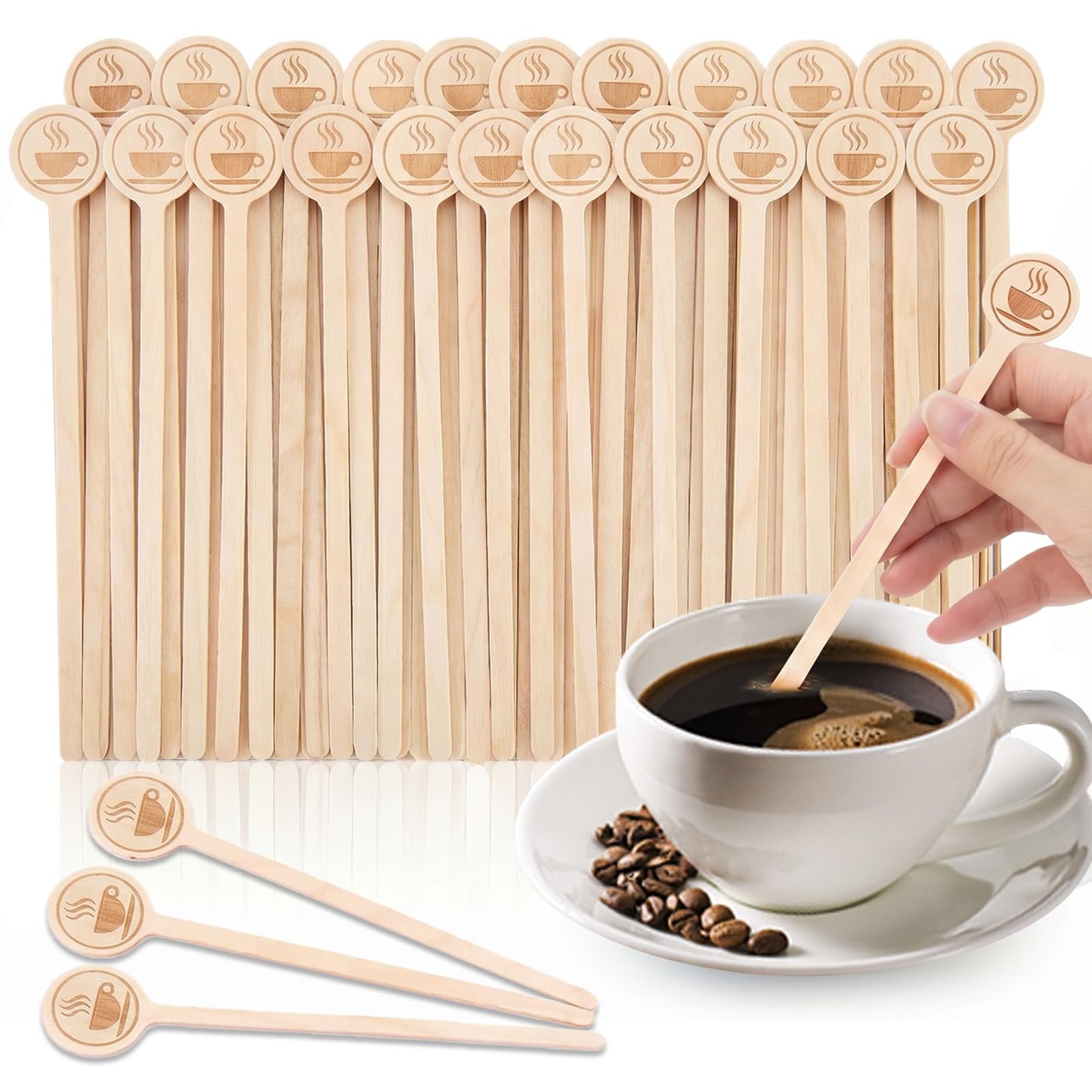 100Pcs Coffee Stirrers-5.9 Inch Natural Wooden Stir Sticks with Round Ends, Disposable Biodegradable Cafe Grade Coffee Stir Sticks Wood Beverage Mixer for Coffee Cocktails Milk Tea