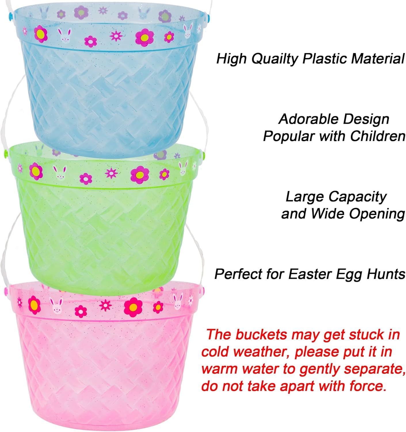Zcaukya Easter Buckets, 3 Packs Clear Plastic Kids Easter Baskets with Handles, Empty Plastic Easter Pails for Easter Egg Hunt Party Favors, Green, Blue, Pink