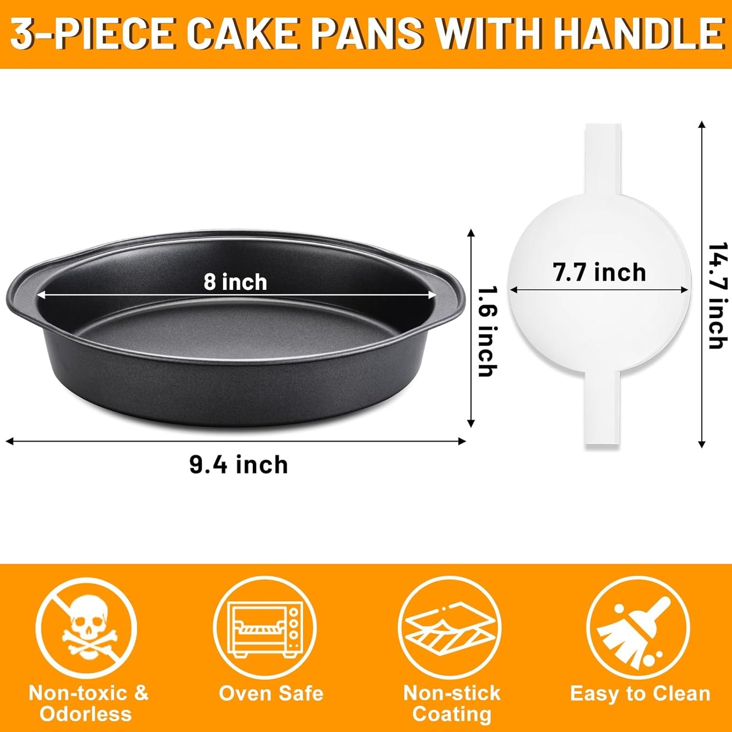 3PCS Skiennix 8-Inch Carbon Steel Round Cake Pans - Non-Stick, Easy Demolding & 100 Parchment Papers
