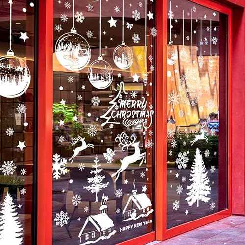 196Pcs White Christmas Tree Snowflakes Reindeer Window Decorations, 9 Sheets Removable Double-Sided Merry Christmas Window Clings Stickers Decals for Winter