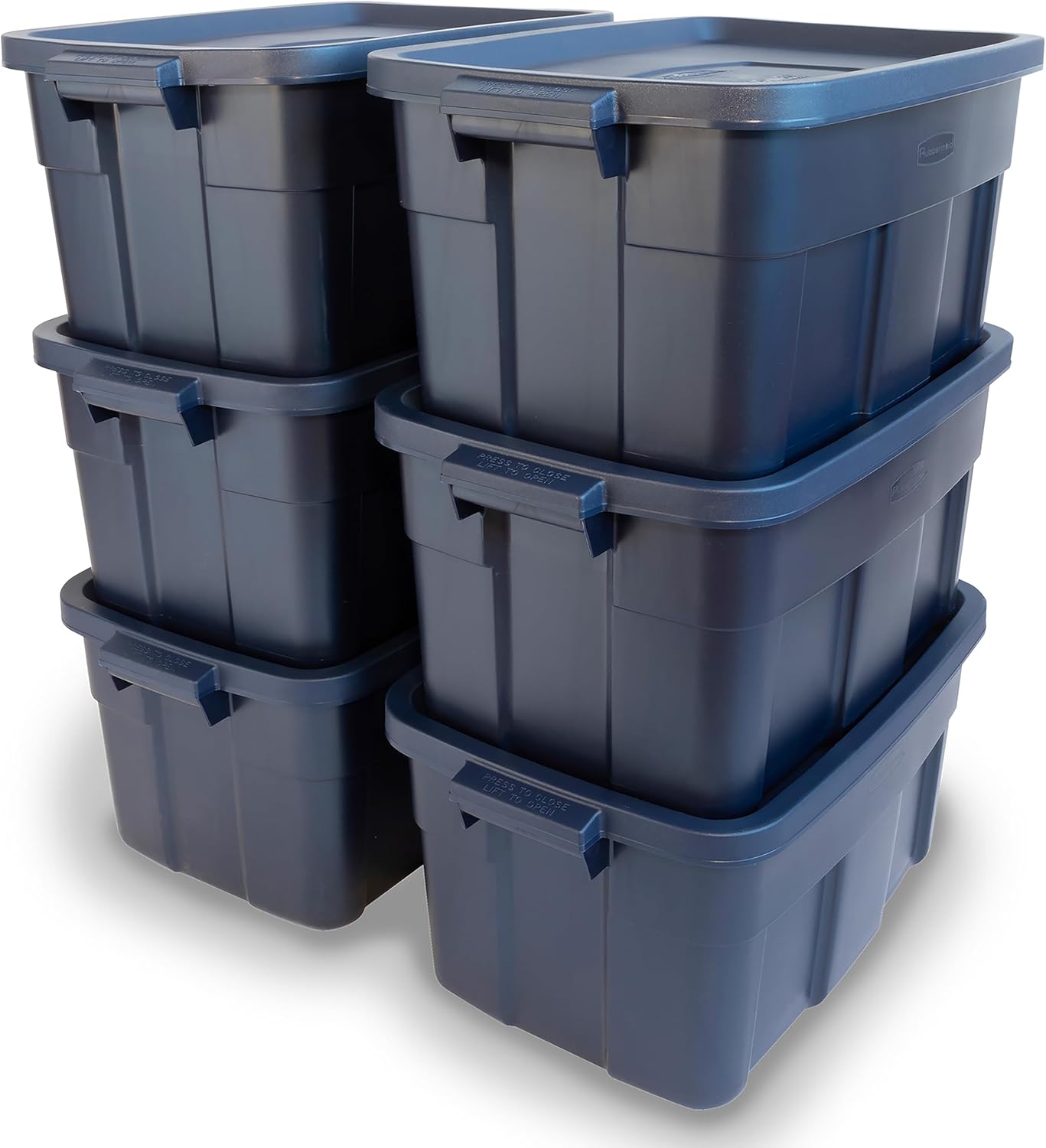 Rubbermaid Roughneck 14 Gal Tote - Rugged Stackable Storage Bins with Lids | Dark Indigo Metallic, 6 Pack