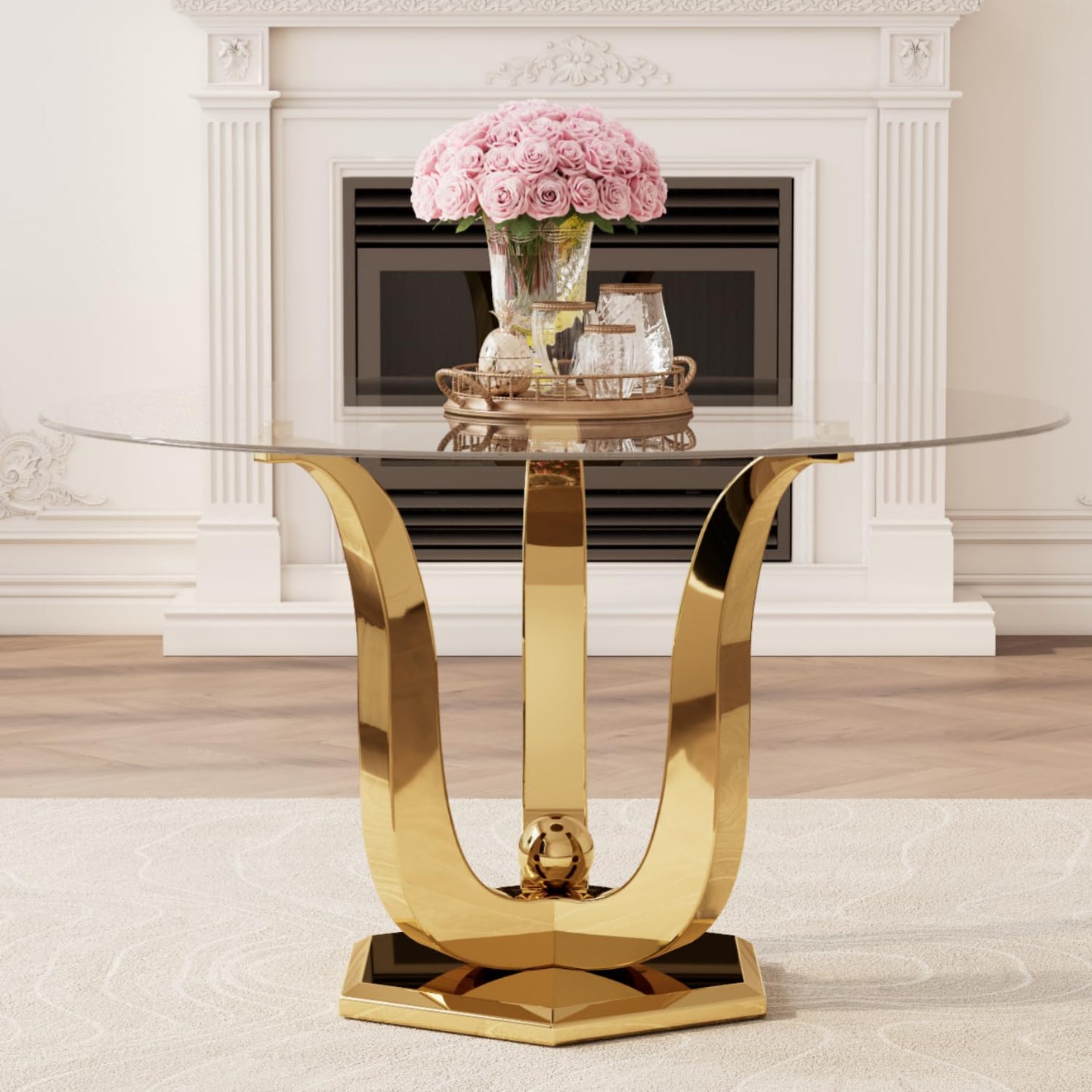 47.2" Round Glass Dining Table for 4-6, Modern Dining Room Table with Circular Tempered Glass Tabletop, Kitchen Table with Stainless Steel Frame for Dining Room, Kitchen, Apartment, Dwelling (Golden)