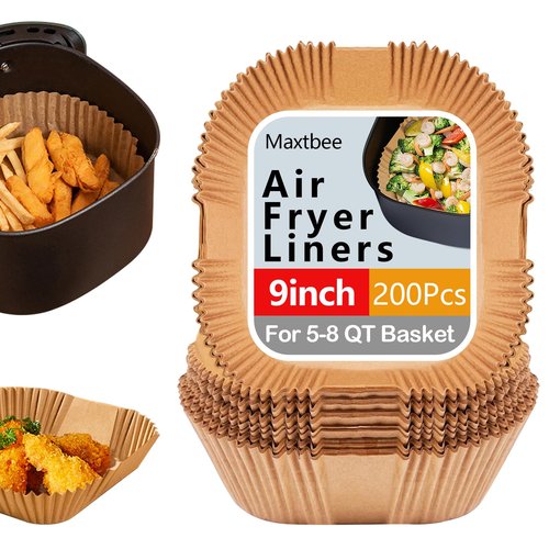 9 Inch Air Fryer Paper Liner Disposable, 200PCS Non-Stick, Oil-Proof & High-Temperature Resistant Square Baking Parchment Paper for Air Fryer, Microwave and Oven（Bottom Is 8 Inch）