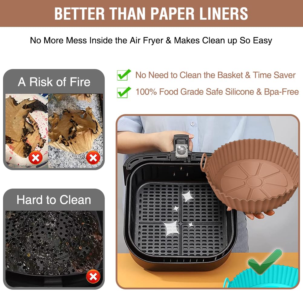 Air Fryer Silicone Liners for Ninja Air Fryer AF101 4 QT AF150 AF161 5.5 QT MAX XL, for COSORI/Gourmia/PowerXL/InstantPot/Philips 4QT and Most 3 to 5 QT Airfryers, Better than Parchment Paper Liners
