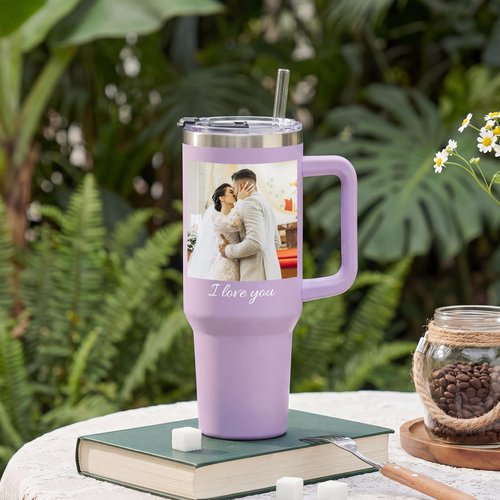 Custom 40 oz Tumbler with Picture & Name, Personalized Insulated Stainless Steel Tumbler with Handle and Straw, Bridesmaid Graduation Mother's Day Father's Day Anniversary Birthday Wedding Gift