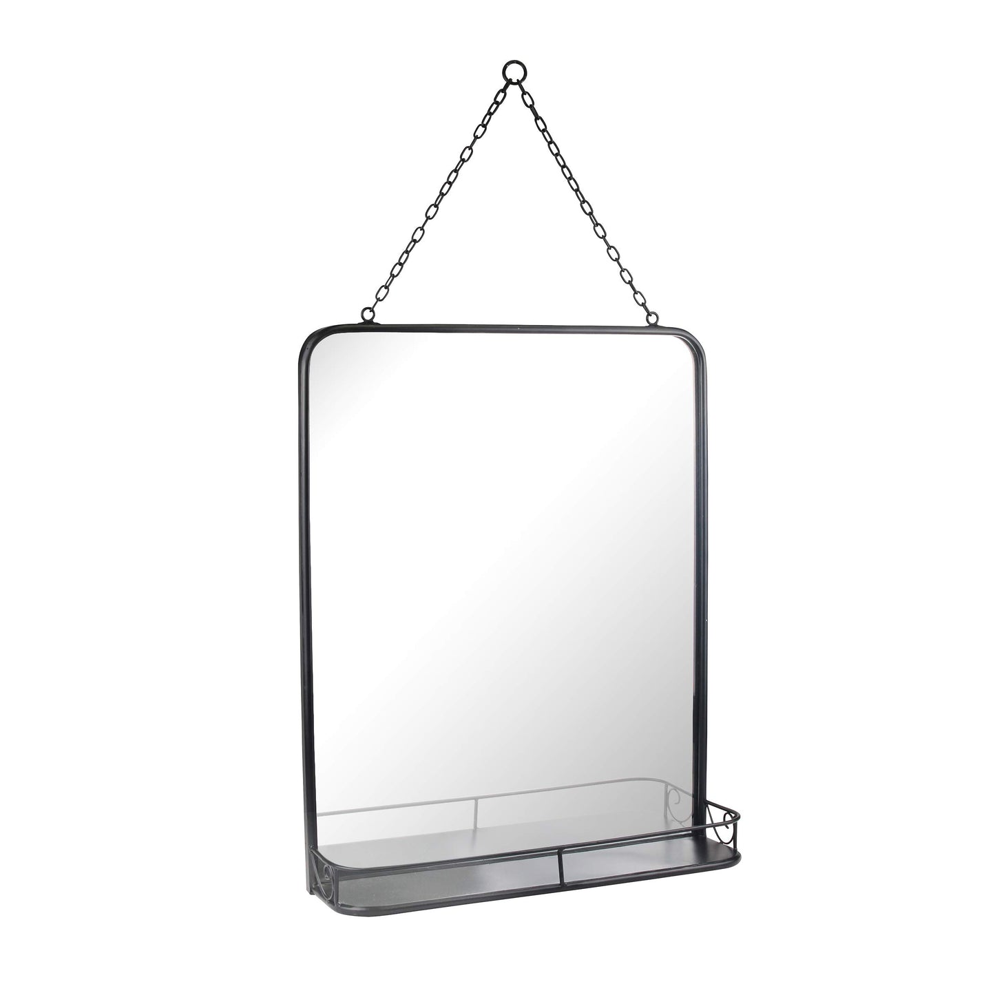 Stonebriar 21" x 16" Rectangle Black Metal Wall Mirror with Hanging Chain and Shelf, Decorative Industrial Decor for the Living Room, Bedroom, Bathroom, Hallway, and Entryway