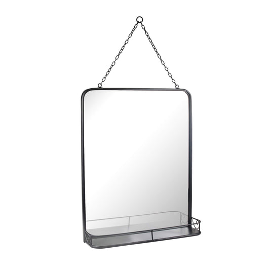 Stonebriar 21" x 16" Rectangle Black Metal Wall Mirror with Hanging Chain and Shelf, Decorative Industrial Decor for the Living Room, Bedroom, Bathroom, Hallway, and Entryway