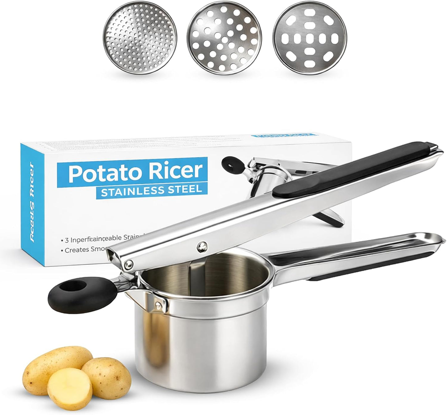Potato Ricer - Heavy Duty Stainless Steel with 3 Interchangeable Discs & Non-Slip Handles | Perfect for Fluffy Mashed Potatoes, Black