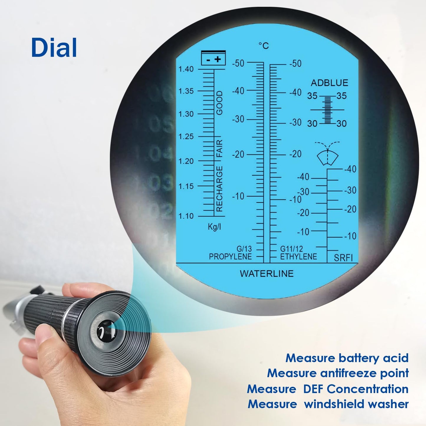 4-in-1 Use Antifreeze DEF Refractometer for Automobile Antifreeze System, Diesel Exhaust Fluid, Battery Acid and Windshield Washer Fluid