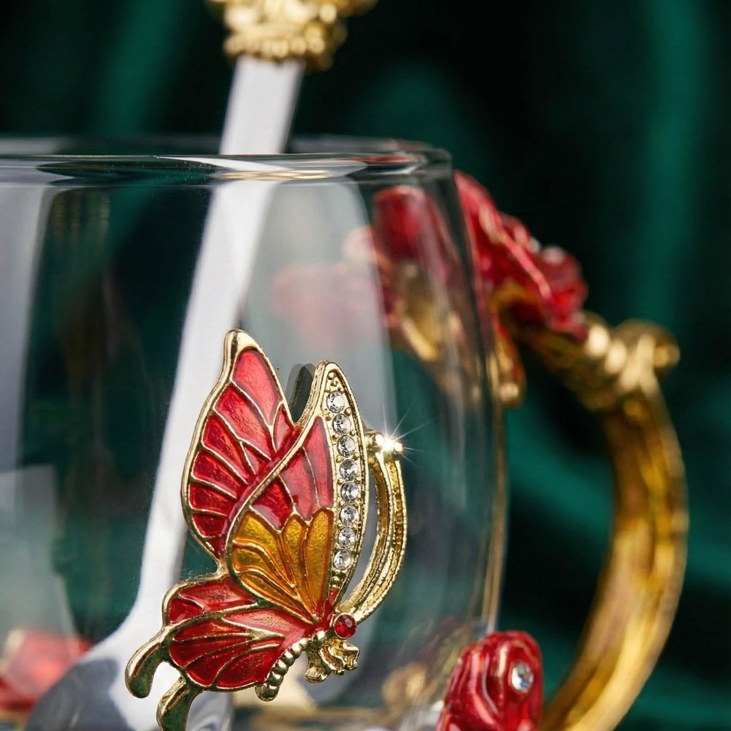 ColoVie Glass Tea Cups Set with Spoon, Coaster- 3D Red Flower Butterfly Coffee Mugs- Lead-Free Glass Coffee Cups- Best Birthday Gifts for Women, Mom- Enamels Mug- Mothers Day Gifts from Daughter