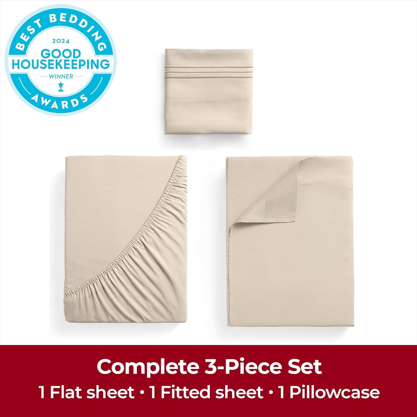 Mellanni Twin Sheets Set - 3 PC Hotel Luxury Bedding | Extra Soft, Cooling, Stain Resistant (Beige)