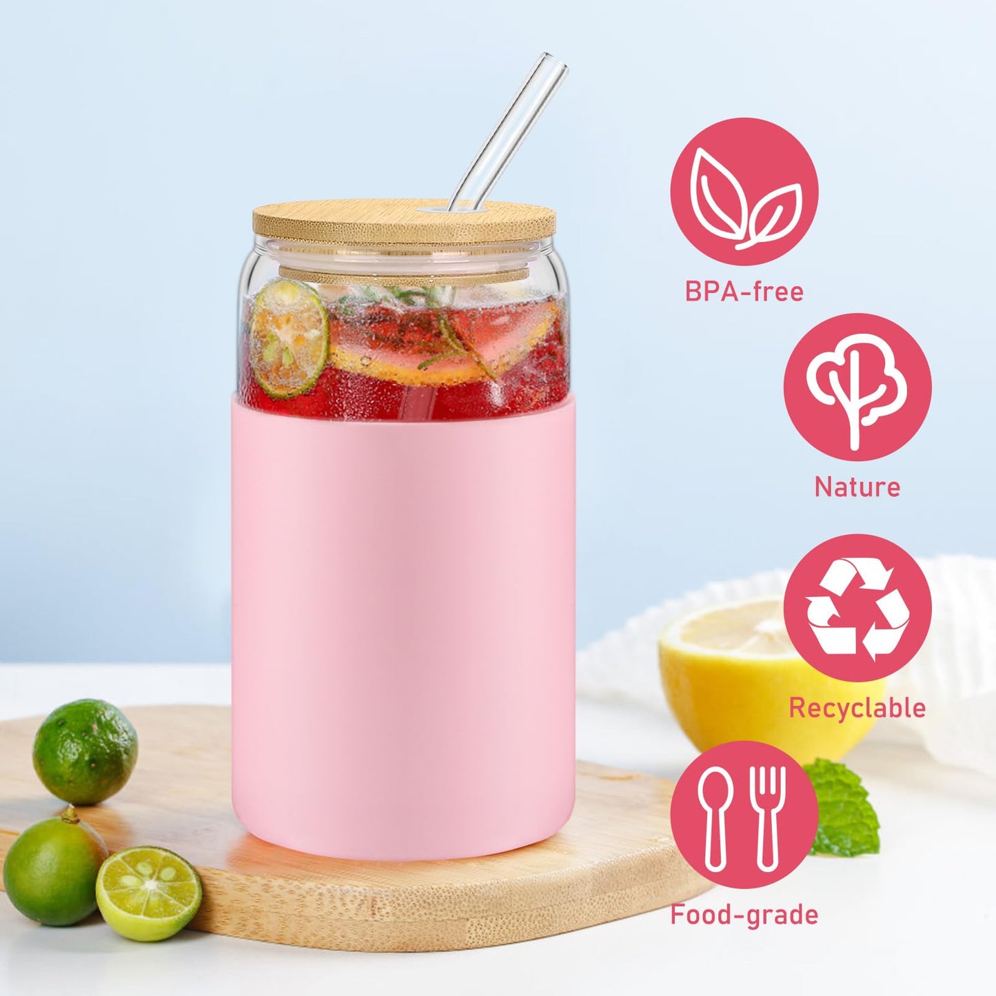 sungwoo Glass Cups with Lids and Straws, 4 Pack 16OZ Iced Coffee Cups with Silicone Sleeve, Glass Tumbler with Straw and Bamboo Lid, Home Essential Drinking Set for Juice, Cocktail and Latte 4 Colours