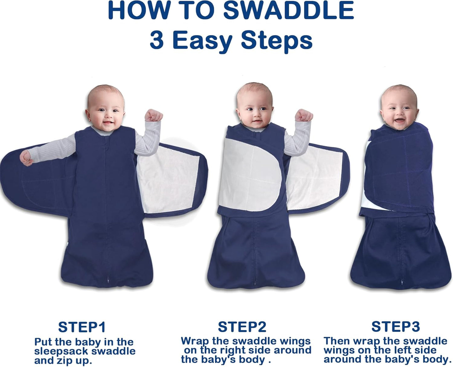 Skiennix Baby Sleep Sack Swaddle - 3-Way Adjustable Organic Cotton Blanket | 2 Pack for 3-6 Months (Cyan & Navy Blue)