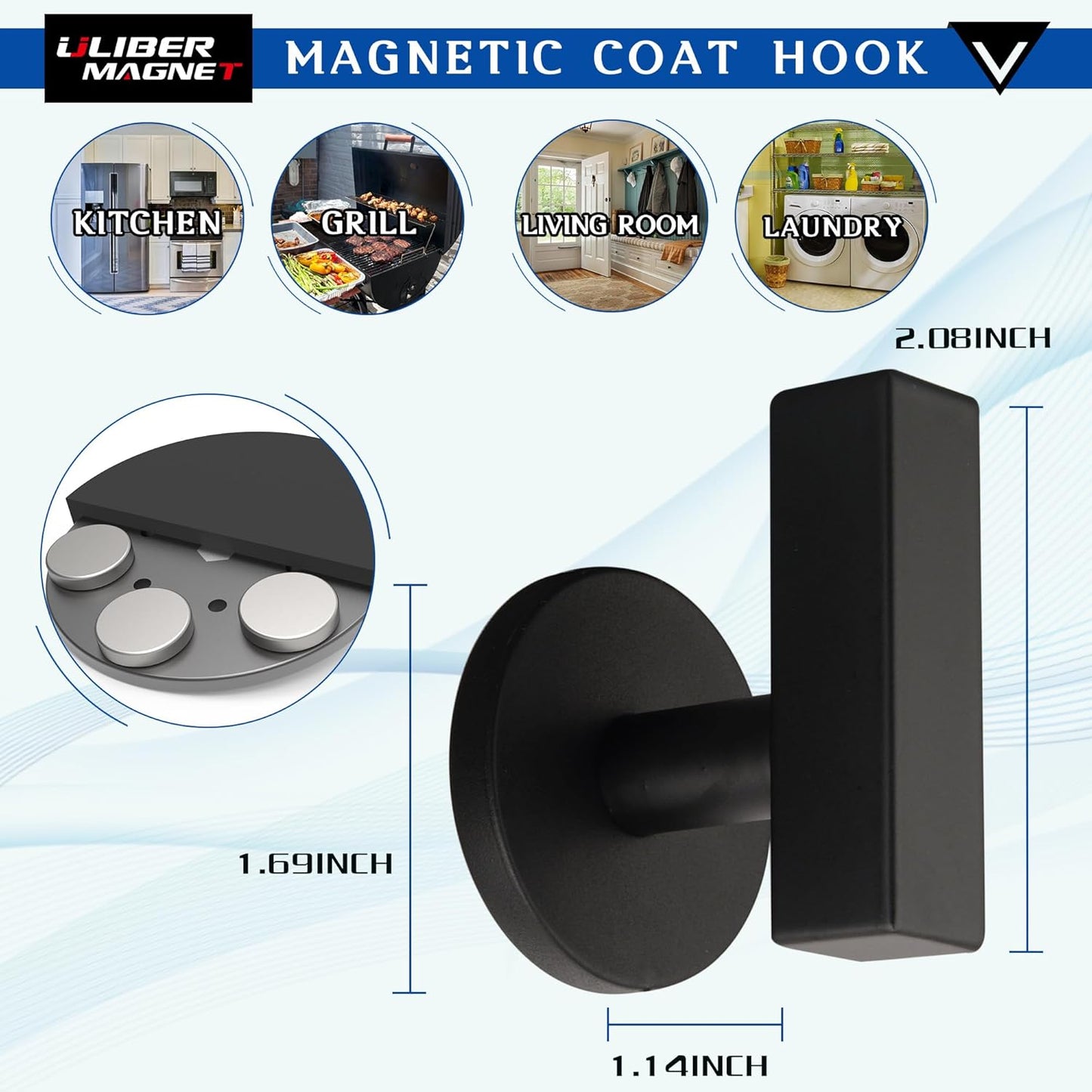 ULIBERMAGNET Heavy Duty Magnetic Double Hooks - Sturdy Coat Hangers | 2 Pack in Brushed Nickel