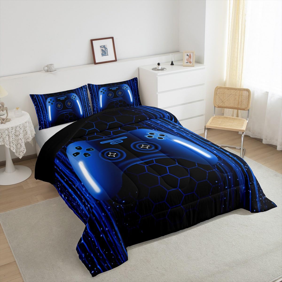 Erosebridal Kids Gamer Full Comforter Set for Boys Bedroom Neon Lights Dark Blue Gaming Bedding Set for Kids Teens Game Console Quilt Striped Honeycomb Hexagon Comforter Geometric Duvet Insert