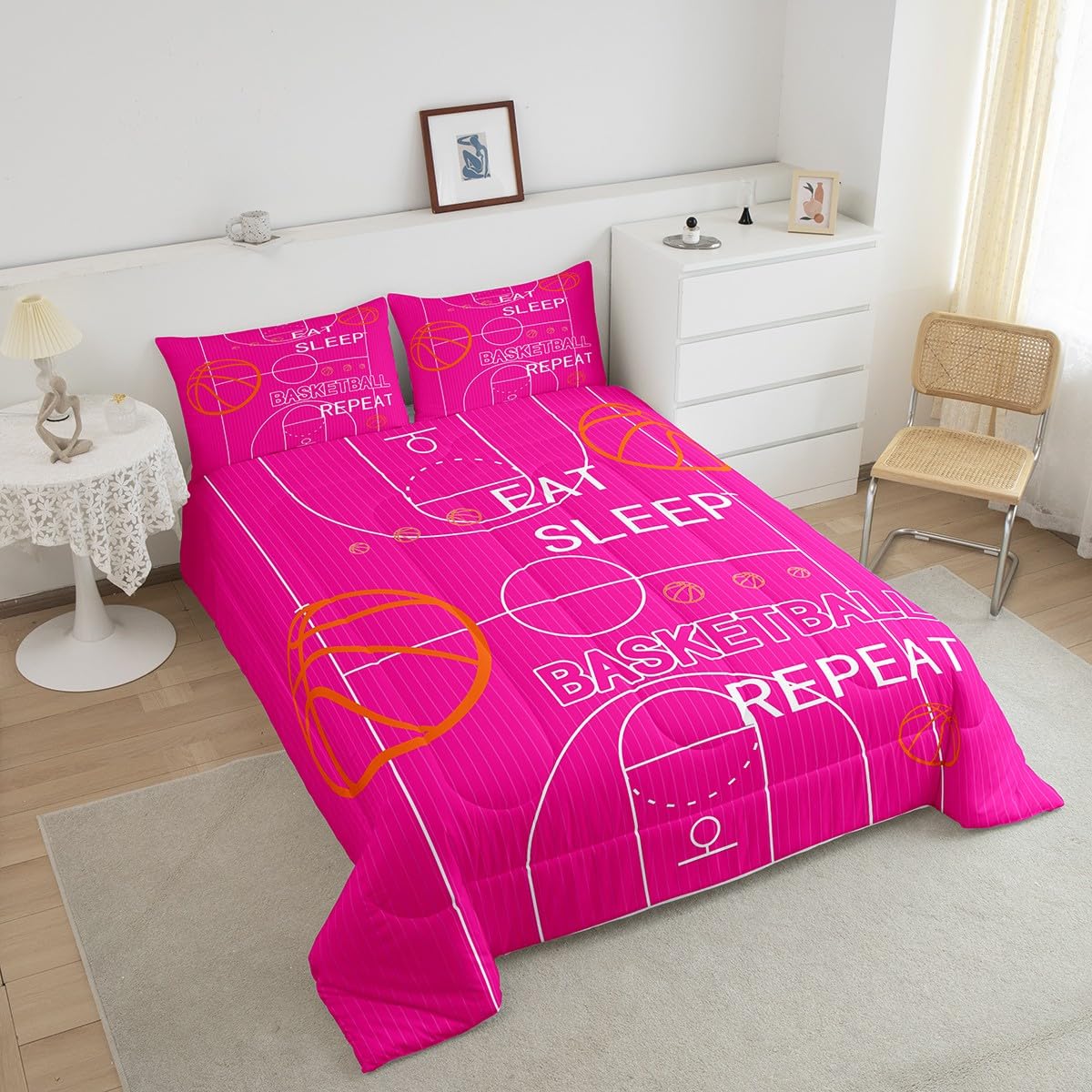 jejeloiu Kids Basketball Comforter Set Full Size Basketball Court Comforter Boys Girls Eat Sleep Basketball Ball Pattern Bedding Set Gaming Sports Theme Pink Quilt Set