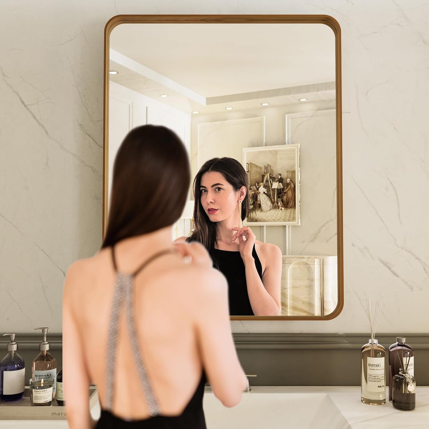 LOAAO Bathroom Mirror - 24x36 Inch Rounded Rectangle with Wood Grain Metal Frame | Anti-Rust, Versatile Hanging Options