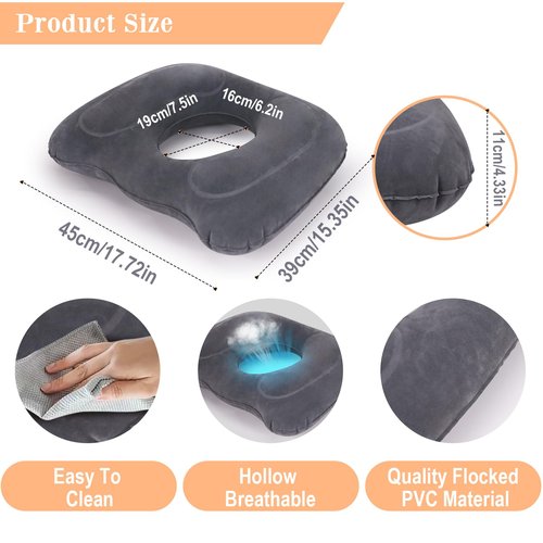 AirSwim Inflatable Hemorrhoid Pillows, Donut Pillow for Tailbone Pain, Adjustable Inflatable Seat Cushion for Bed Sores, Postpartum Pregnancy, Car Seat, Airplane, 17.7'' x 15.4'' x 4.3''(Grey)